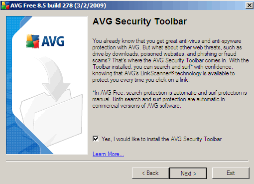 De optie voor het installeren van de AVG Security Toolbar tijdens de installatie van AVG